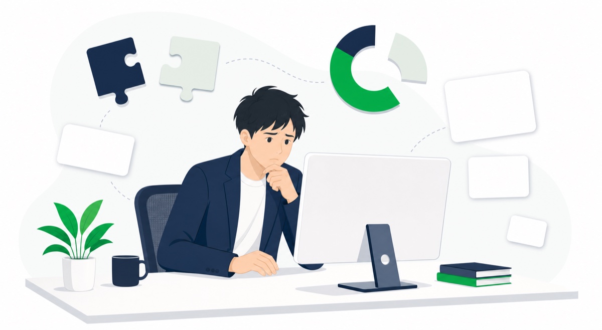 広告の数字とLINEの友だち数が合わず、パソコンの前で考え込む担当者のイラスト